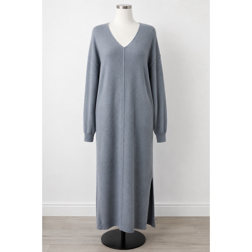 Dex Gray Soft Knit Maxi Sweater Dress Women's Oversized V-Neck Long Sleeve